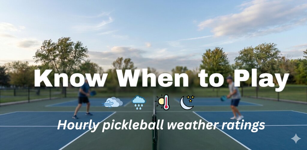 Pickleball Weather app showing hourly playability ratings on an outdoor court