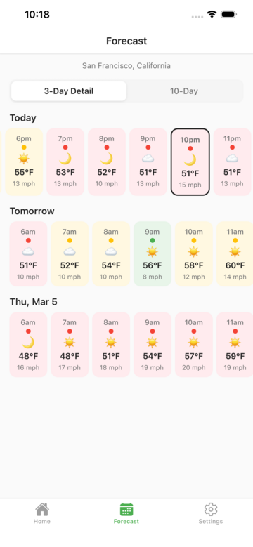 3-day hourly forecast with color-coded playability for each hour