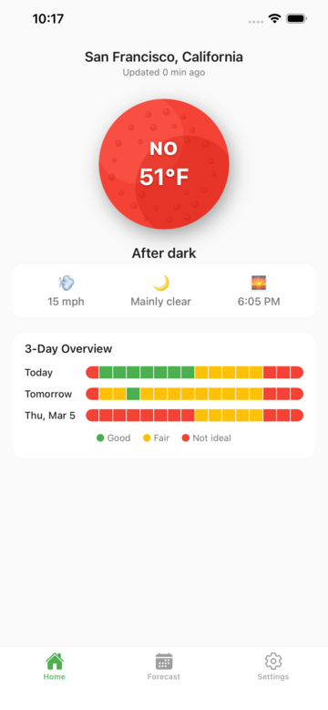 Home screen showing current playability rating, temperature, wind, and 3-day overview