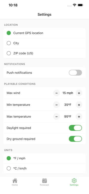 Settings screen with customizable thresholds, location, and notifications